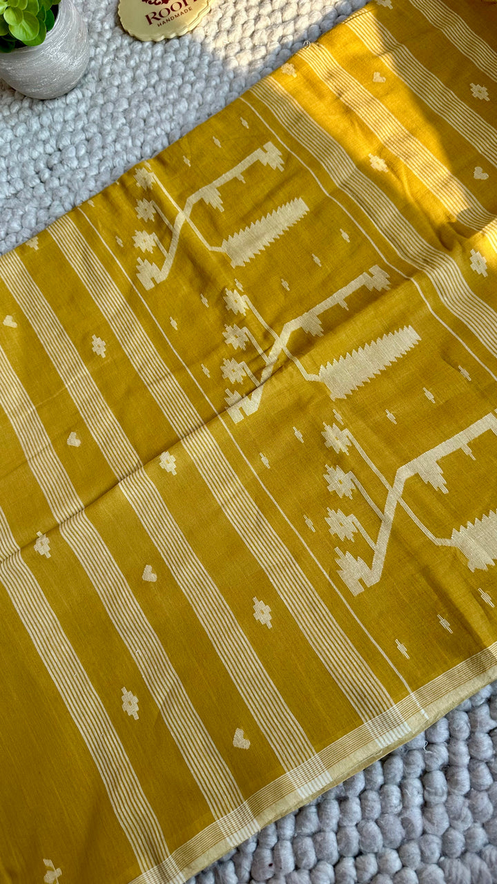 PREMIUM NEEDLE WORK JAMDANI HANDWOVEN AND HANDSPUN COTTON SAREE -  OCHRE YELLOW