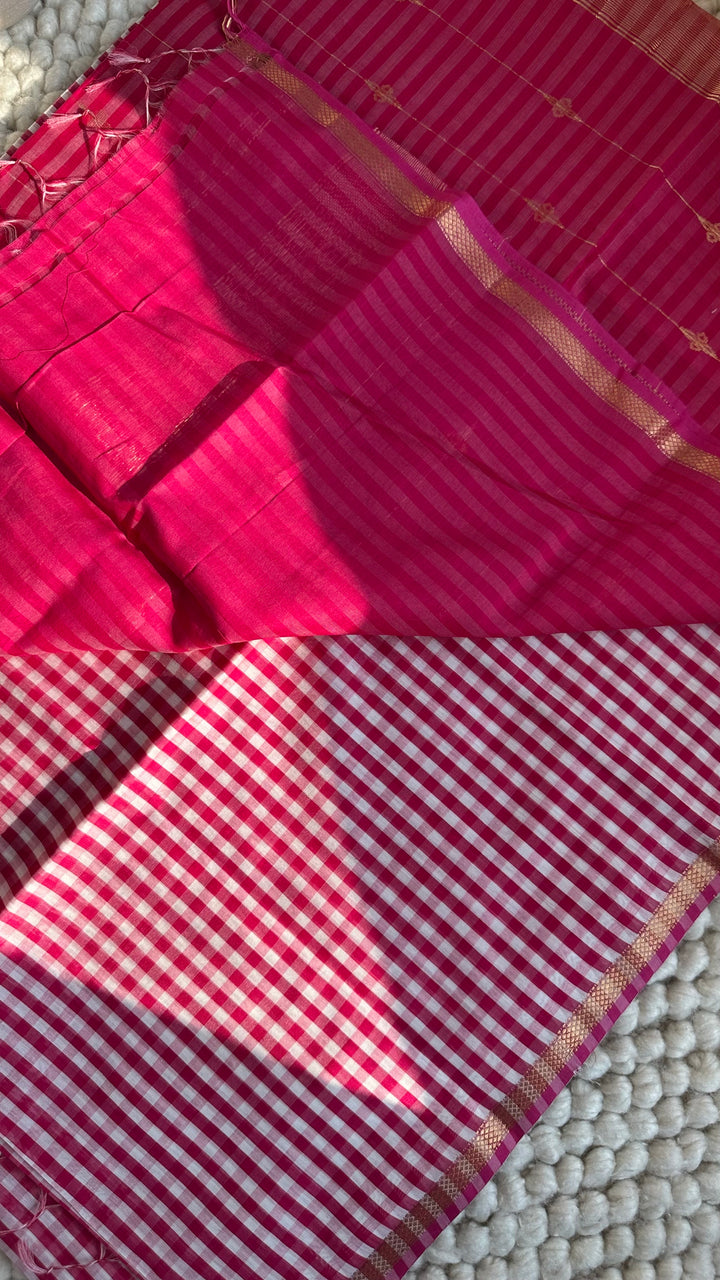 RANI PINK CHECKS - PREMIUM HANDWOVEN MAHESHWARI SILK BY COTTON SAREE (DISPATCH TIME IS 15-20 DAYS)