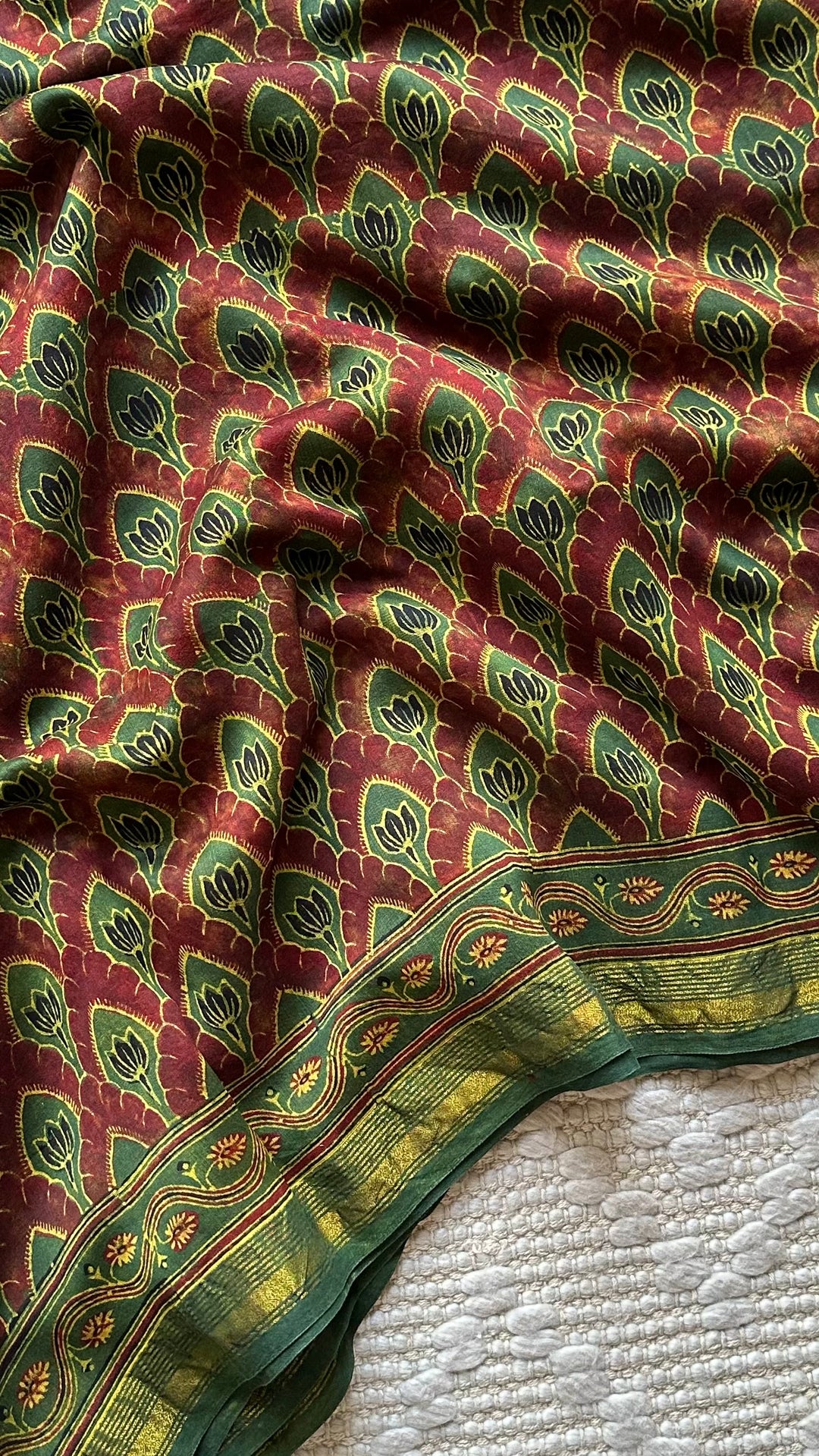 LOTUS PANES - MADDER RED AND GREEN AJRAKH HAND BLOCK PRINTED SILK COTTON SAREE