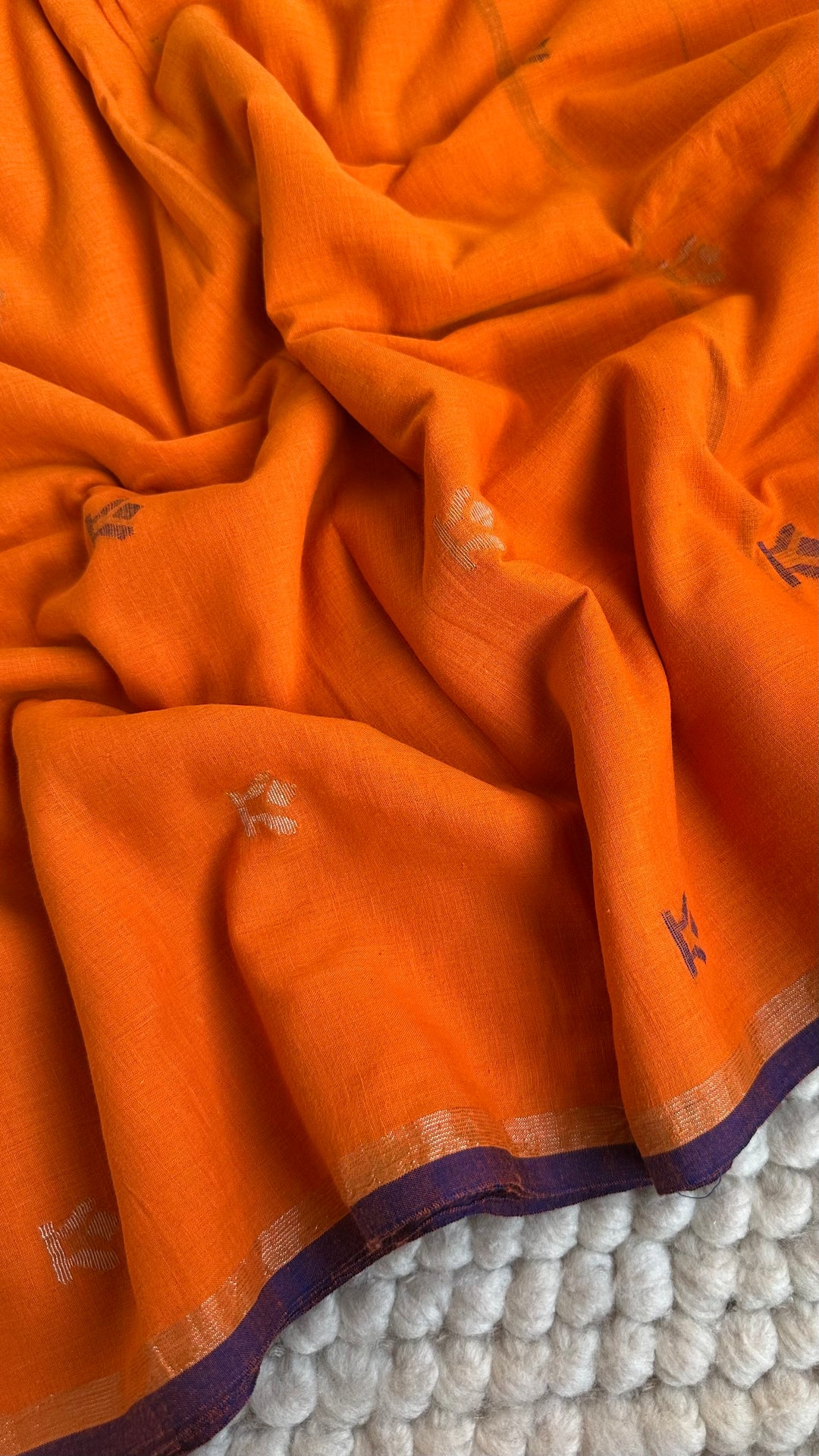 PREMIUM NEEDLE WORK JAMDANI HANDWOVEN AND HANDSPUN COTTON SAREE - SAFFRON ORANGE