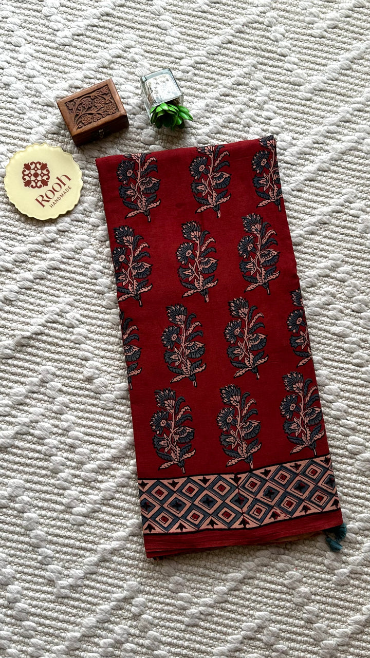 PREMIUM AJRAKH HAND BLOCK PRINTED PURE SOFT COTTON SAREE- 001