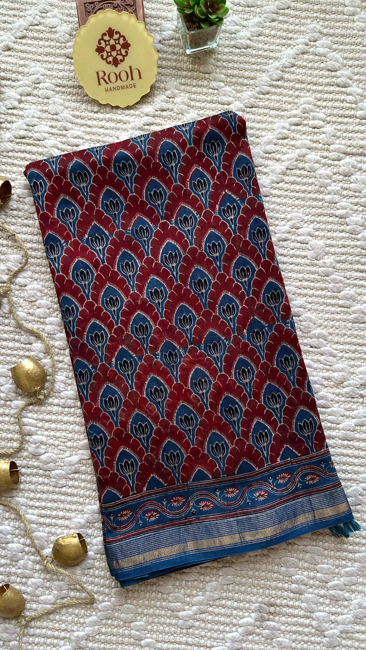 LOTUS PANES - MADDER RED AND INDIGO AJRAKH HAND BLOCK PRINTED SILK COTTON SAREE