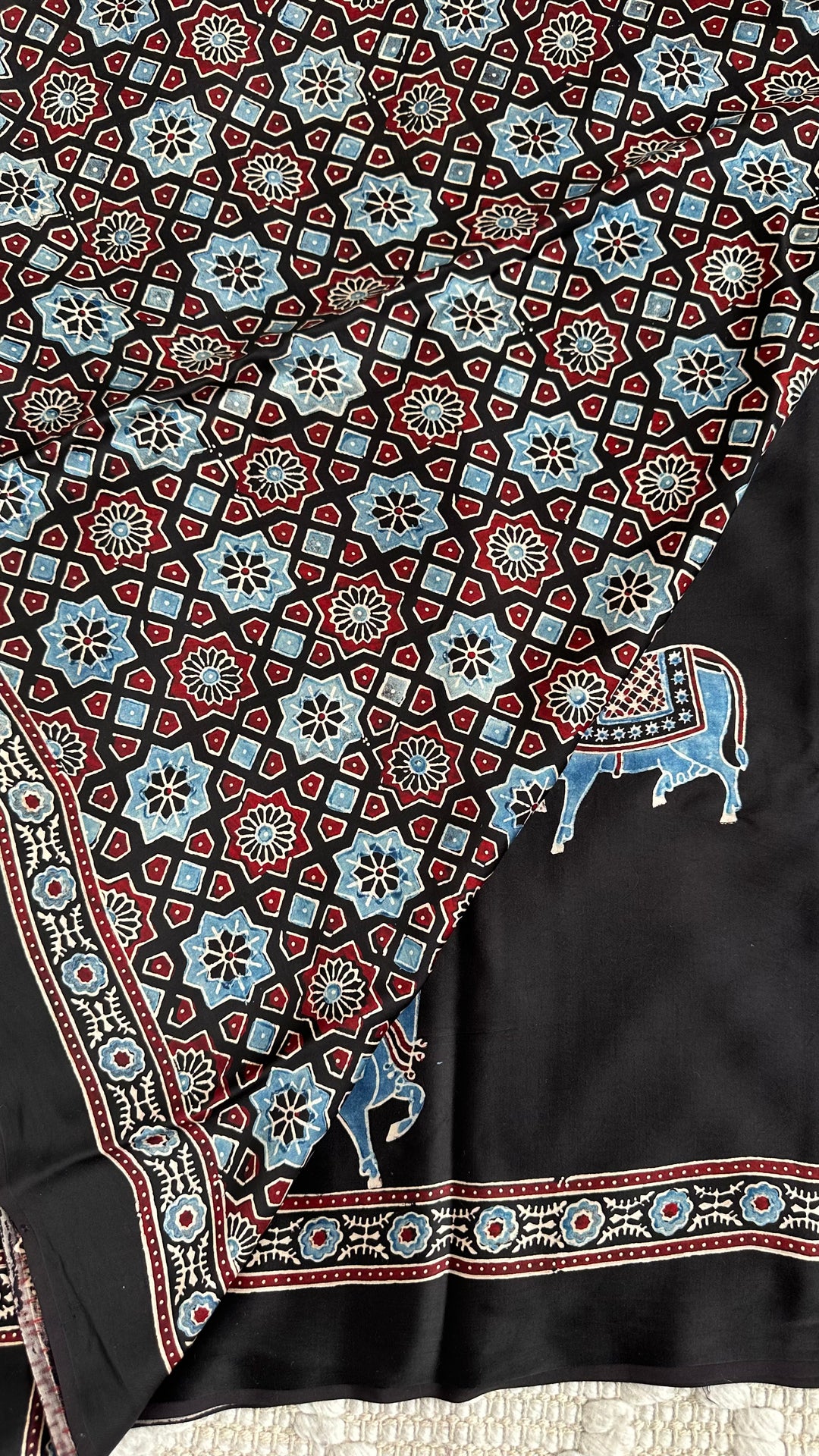 BLUE NANDI PICHWAI - BLACK PREMIUM AJRAKH HAND BLOCK PRINTED MODAL SILK SAREE (ONLY AVAILABLE ON PRE ORDER - DISPATCH TIME IS 30-40 DAYS)