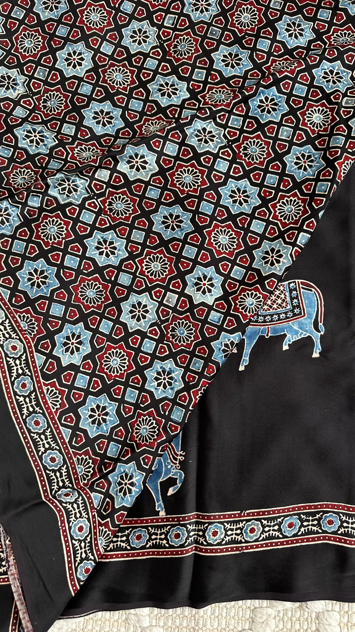 BLUE NANDI PICHWAI - BLACK PREMIUM AJRAKH HAND BLOCK PRINTED MODAL SILK SAREE (ONLY AVAILABLE ON PRE ORDER - DISPATCH TIME IS 30-40 DAYS)