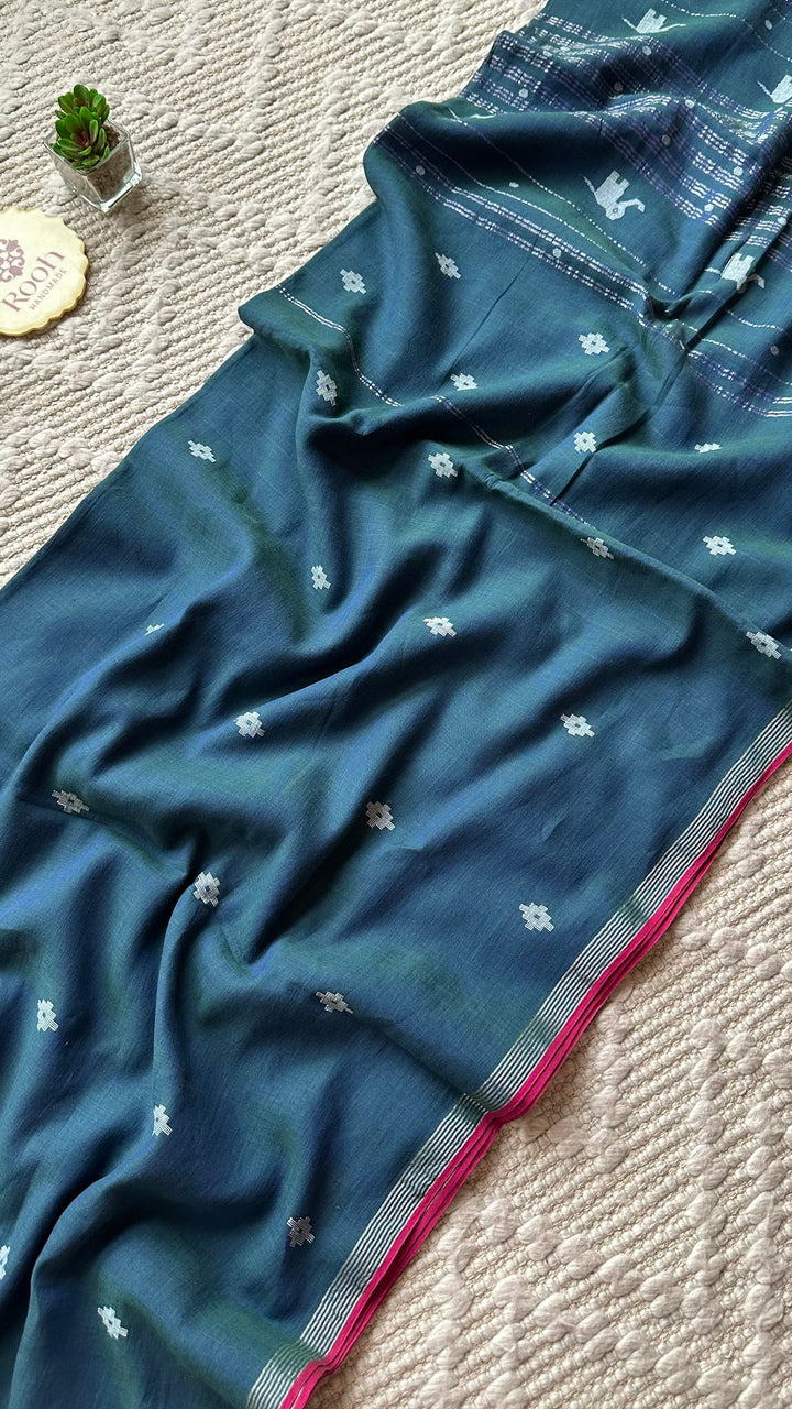 PREMIUM JAMDANI WEAVE HANDWOVEN AND HANDSPUN COTTON SAREE - PEACOCK BLUE