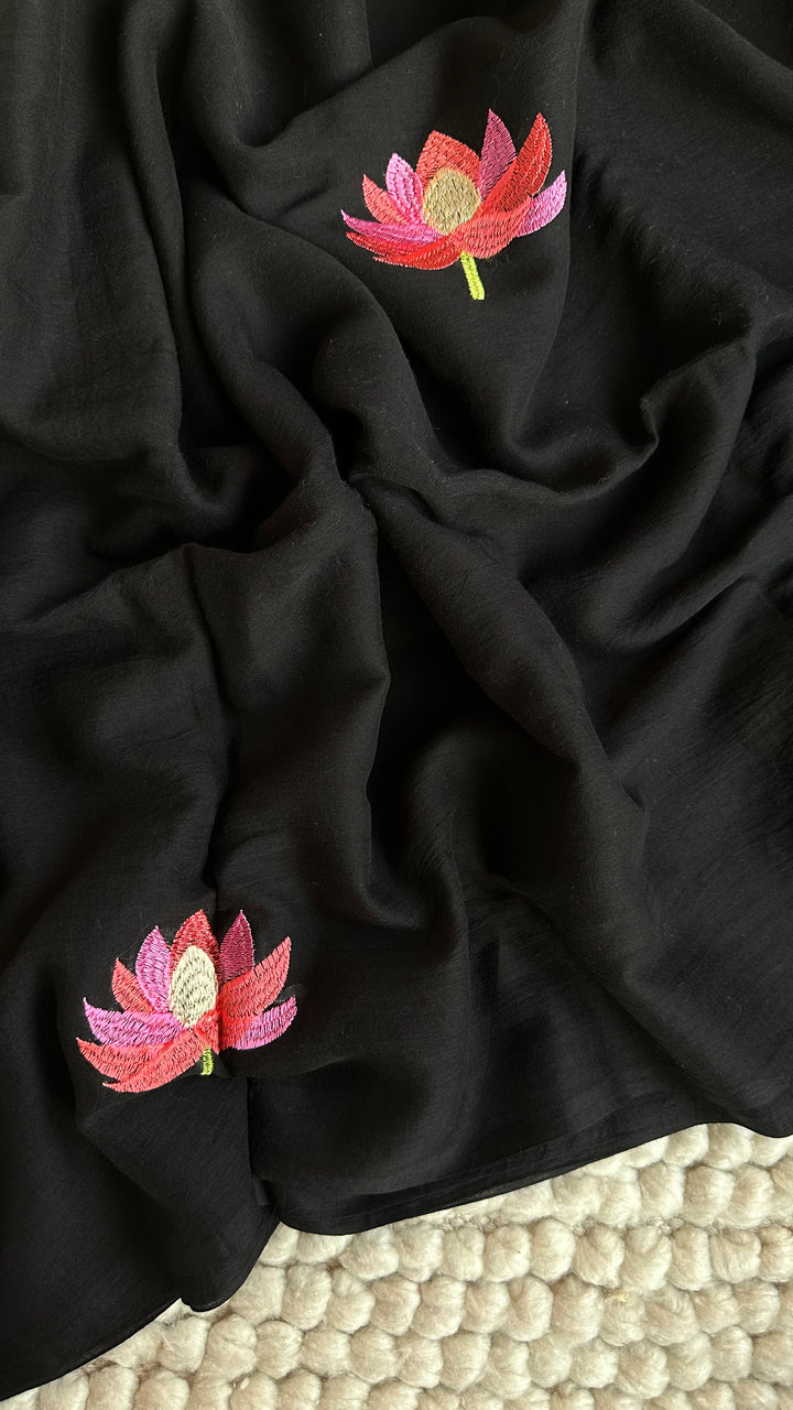 DEEP BLACK - LOTUS EMBROIDERED PURE SUPER SOFT MULMUL COTTON SAREE