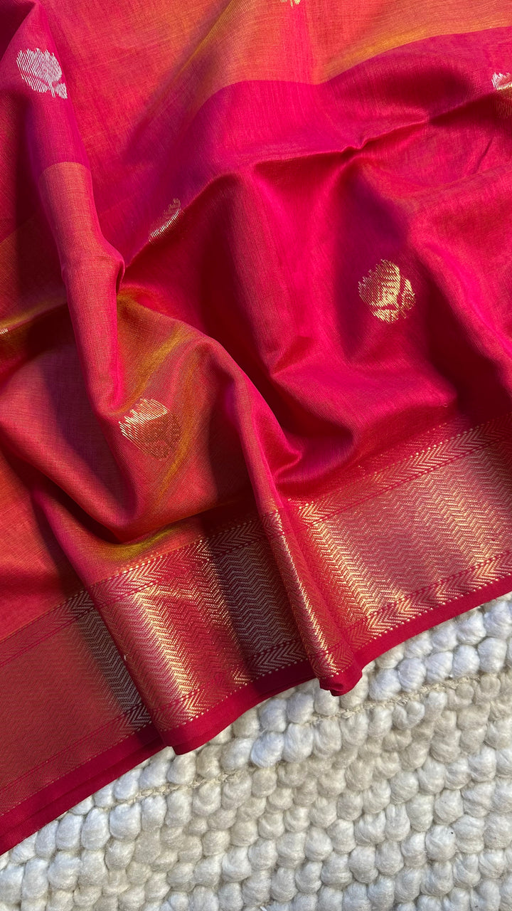 HOT PINK & ORANGE DUAL TONE- PREMIUM HANDWOVEN MAHESHWARI SILK BY COTTON SAREE (DISPATCH TIME IS 10-15 DAYS)
