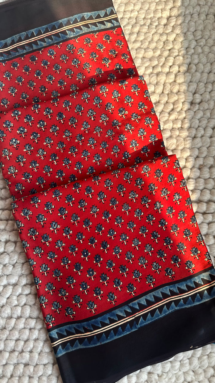 LOTUS ON MADDER RED - PREMIUM AJRAKH HAND BLOCK PRINTED PREMIUM MODAL SILK SAREE