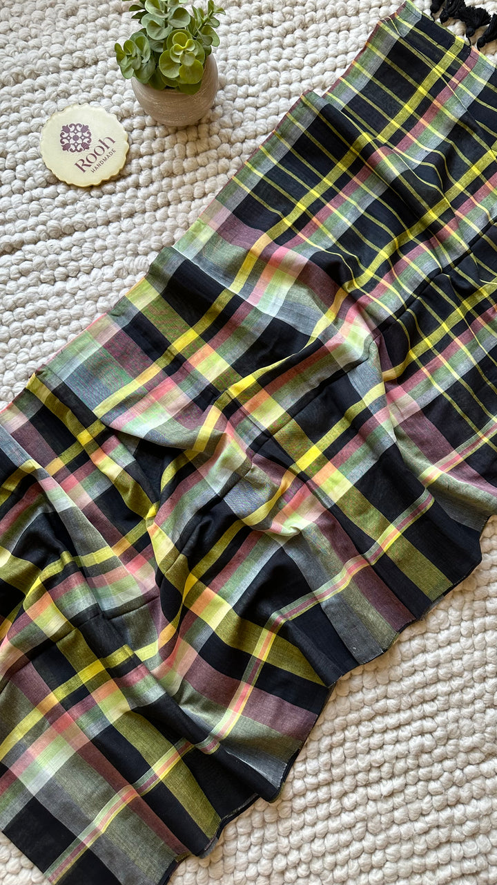 HANDWOVEN MULTICOLOUR CHECKERED MULMUL COTTON SAREE - 03 (DISPATCH TIME - 5 TO 7 DAYS)