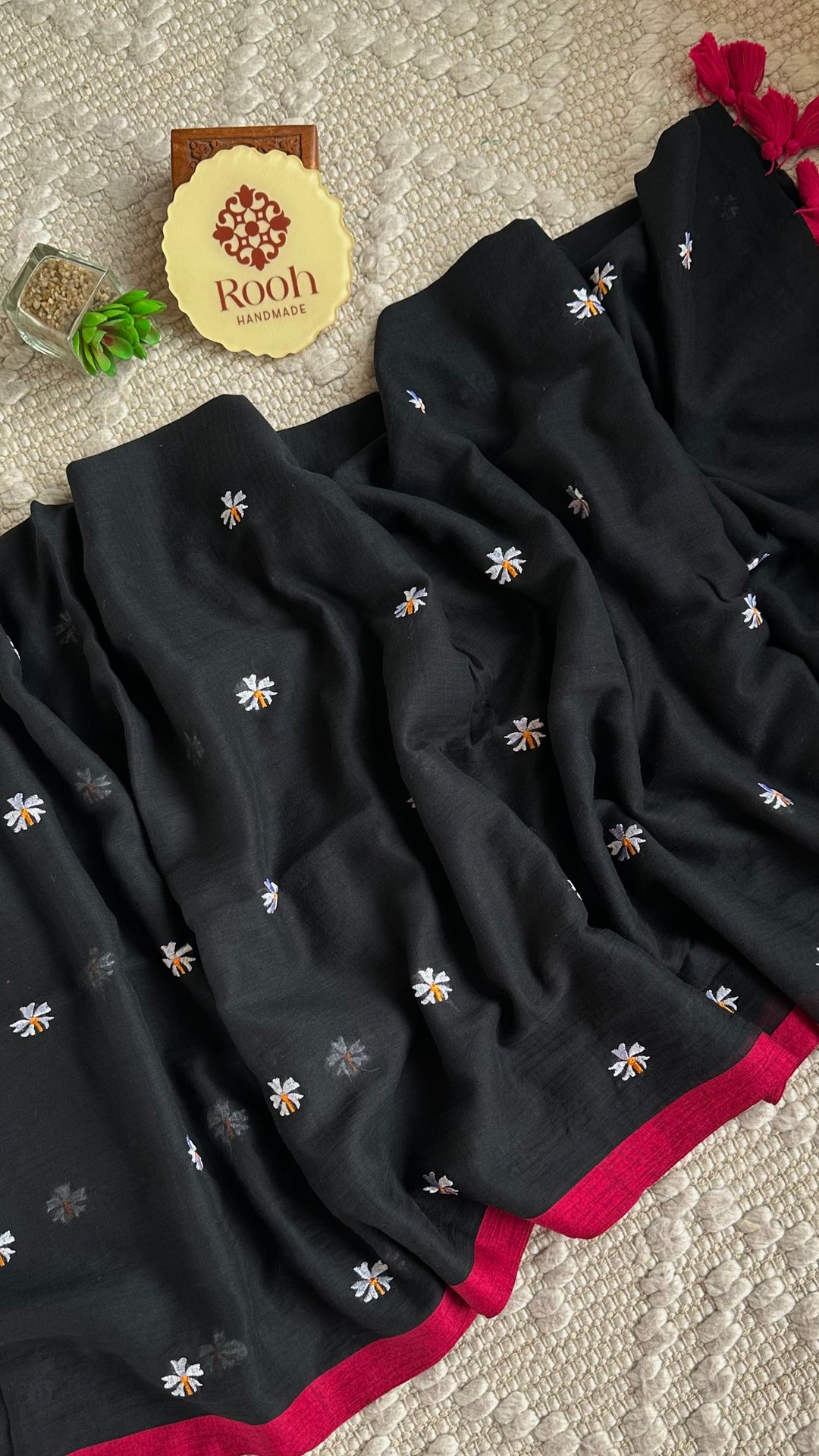 SHIULI - BLACK WITH PINK BORDER SUPER SOFT MUL COTTON SAREE (DISPATCH TIME- 7 TO 10 DAYS)