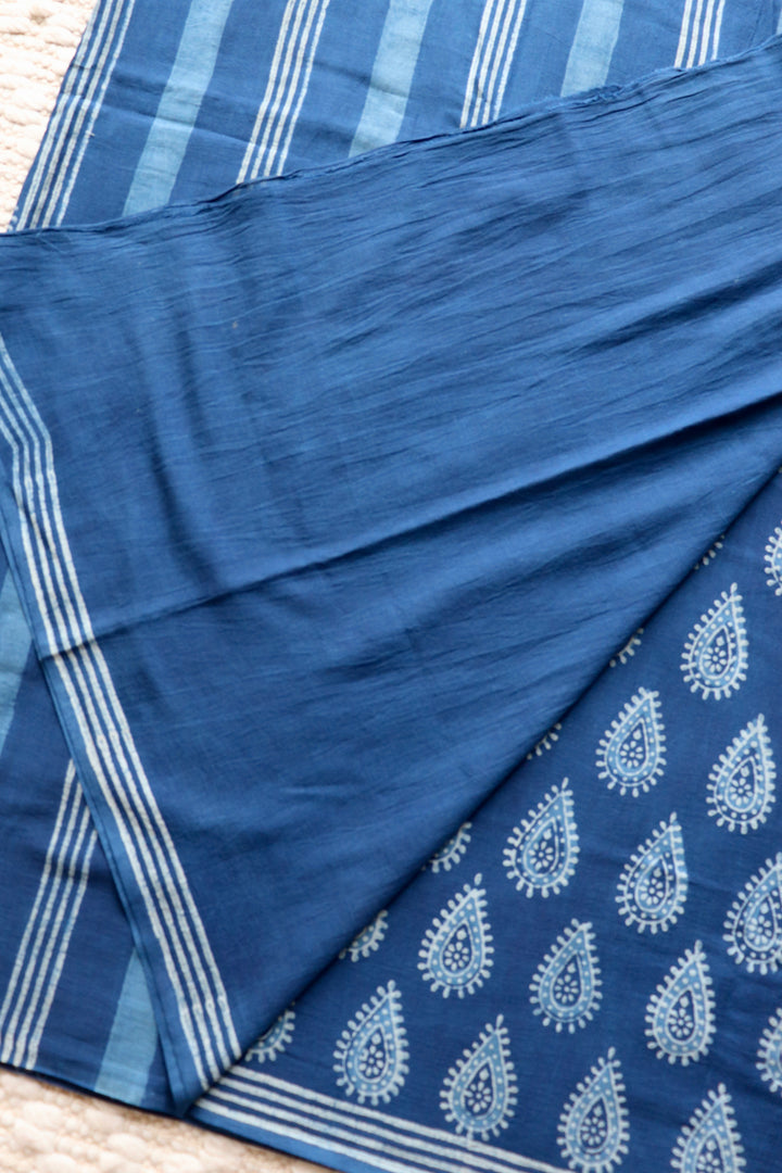 AKOLA INDIGO HAND BLOCK DABU PRINTED SOFT MULMUL COTTON SAREE- 021