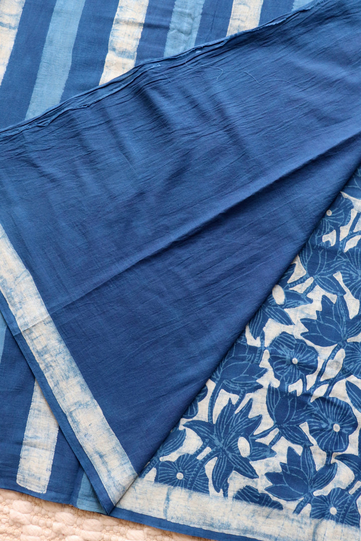 AKOLA INDIGO HAND BLOCK DABU PRINTED SOFT MULMUL COTTON SAREE- 002