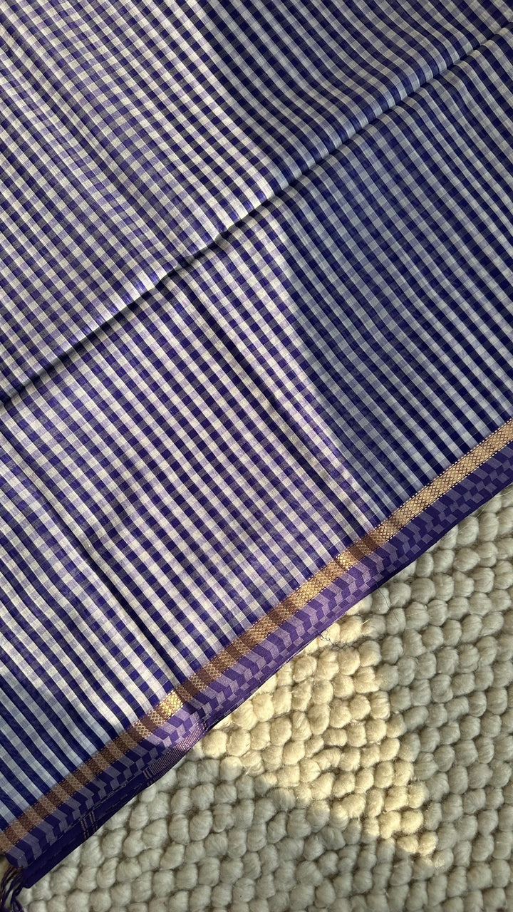 ROYAL PURPLE CHECKS - PREMIUM HANDWOVEN MAHESHWARI SILK BY COTTON SAREE (DISPATCH TIME IS 10-15 DAYS)