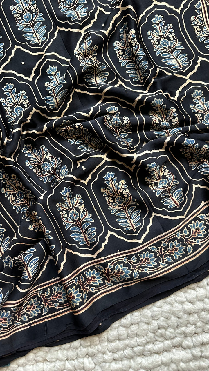 JHAROKHA- MIDNIGHT BLACK AJRAKH HAND BLOCK PRINTED PREMIUM MODAL SILK SAREE