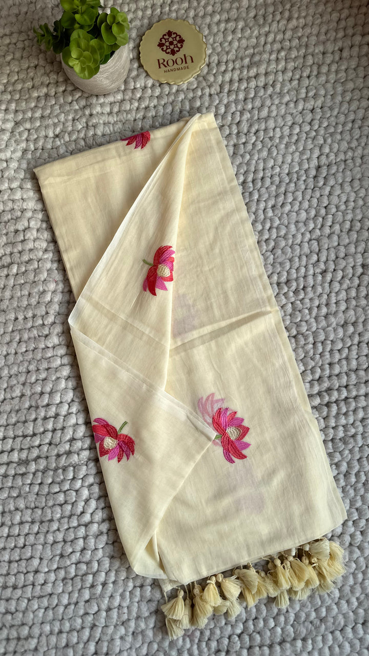 CREAMY WHITE - LOTUS EMBROIDERED PURE SUPER SOFT MULMUL COTTON SAREE