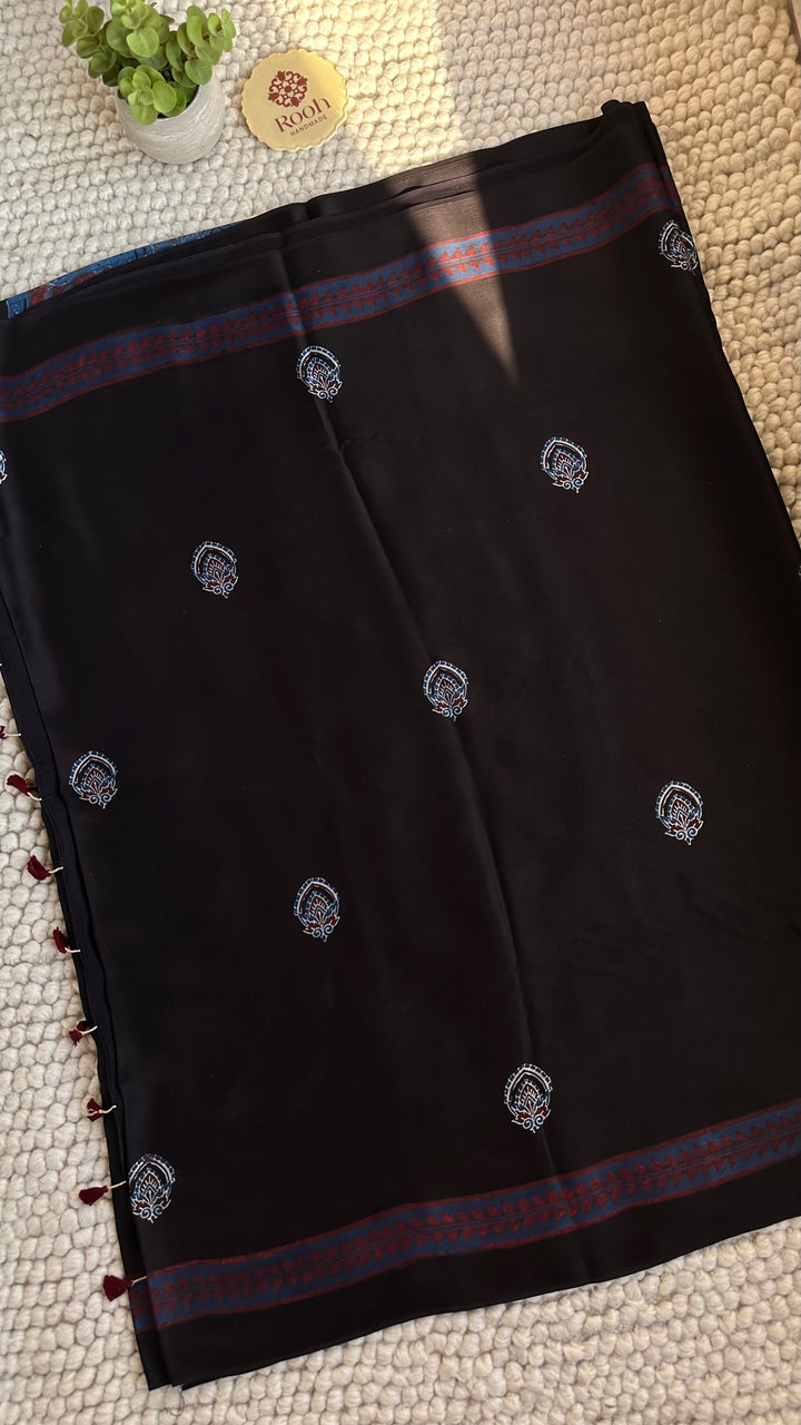 MIDNIGHT BLACK CHARMS  - AJRAKH HAND BLOCK PRINTED PREMIUM MODAL SILK SAREE