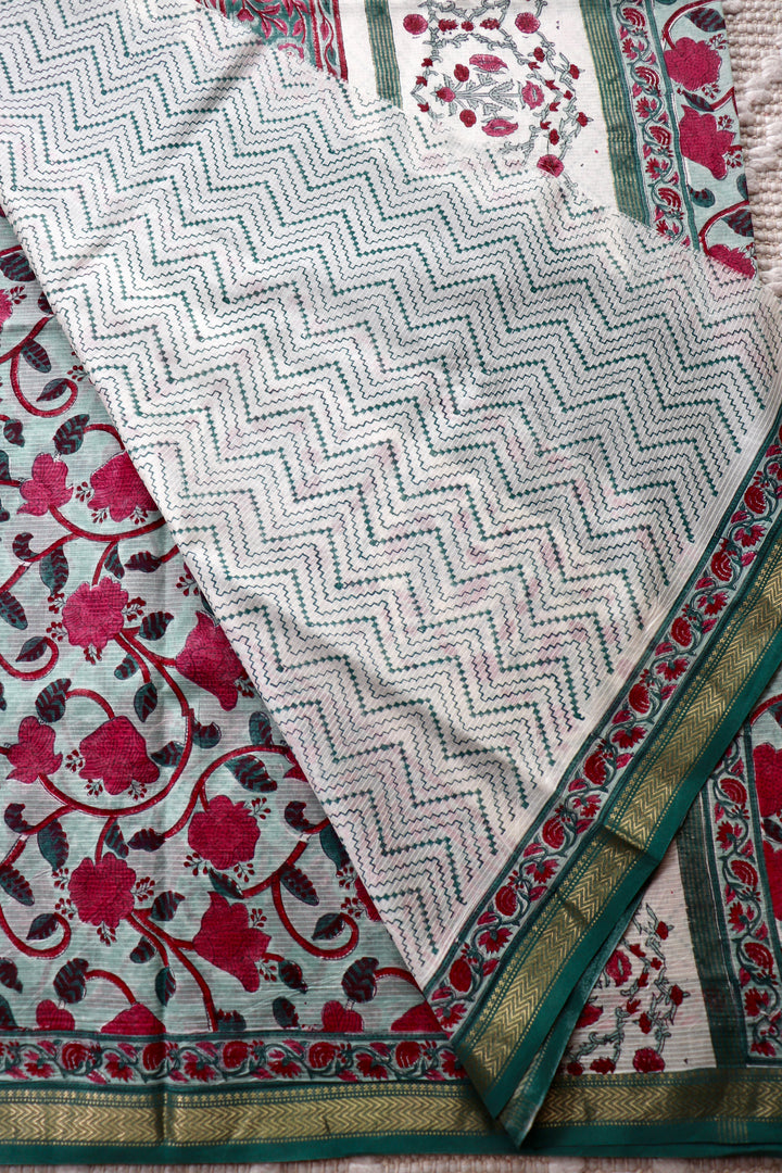 SANGANERI HAND BLOCK PRINTED SILK COTTON SAREE- 001