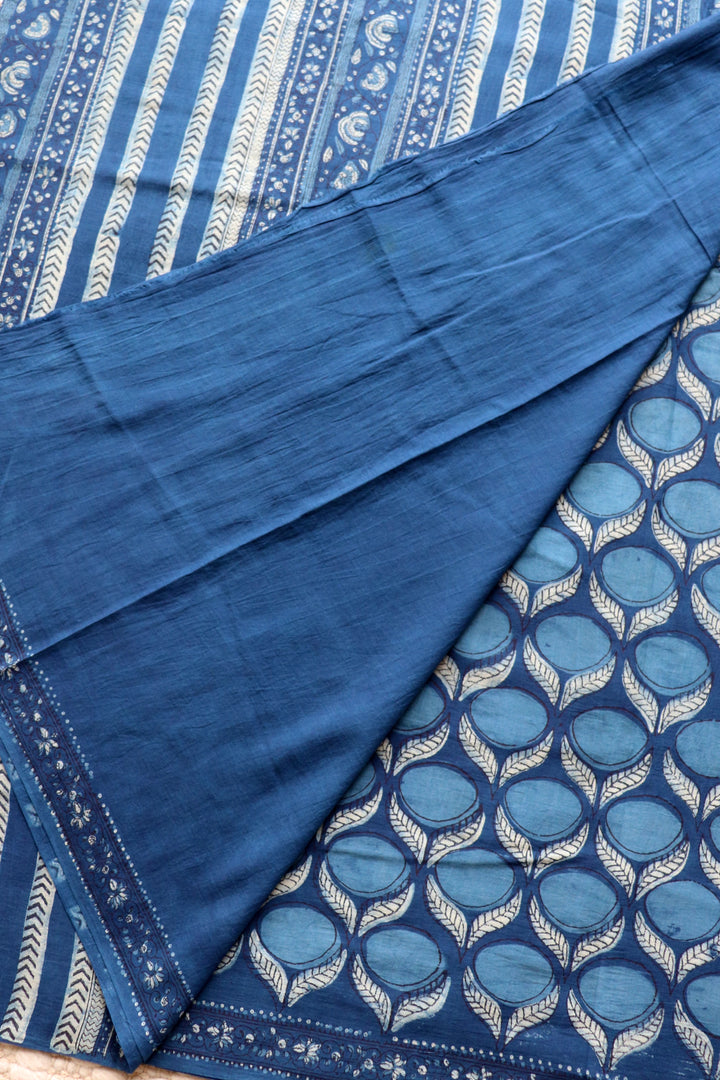 AKOLA INDIGO HAND BLOCK DABU PRINTED SOFT MULMUL COTTON SAREE- 020