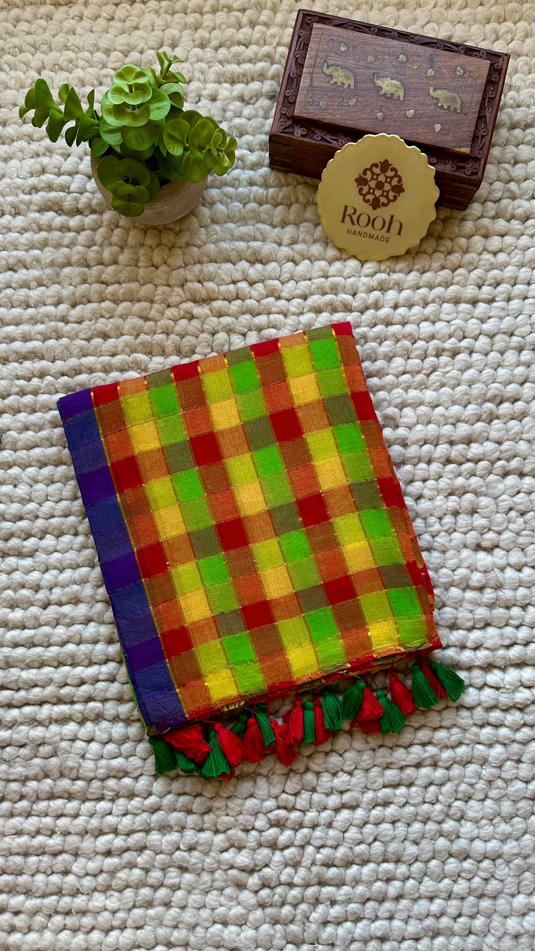 HANDWOVEN MULTICOLOUR ZARI CHECKS PURE MULMUL COTTON SAREE - 014