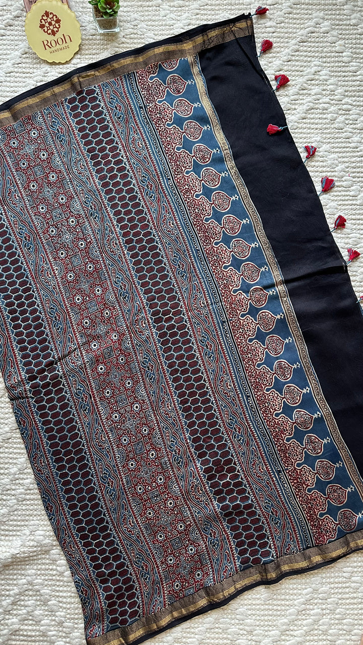 INDIGO BLOSSOMS - AJRAKH HAND BLOCK PRINTED SILK COTTON SAREE