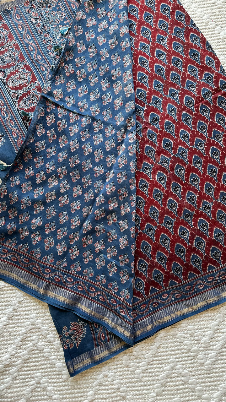 LOTUS PANES - MADDER RED AND INDIGO AJRAKH HAND BLOCK PRINTED SILK COTTON SAREE
