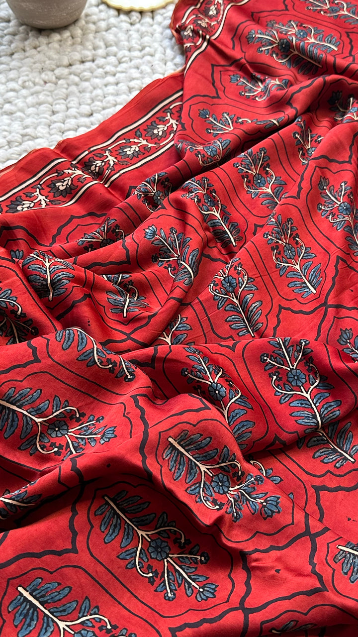 JHAROKHA- MADDER RED AJRAKH HAND BLOCK PRINTED PREMIUM MODAL SILK SAREE