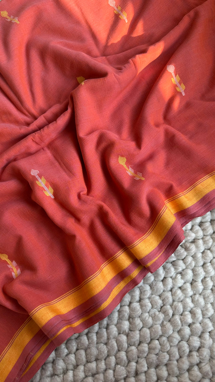 PREMIUM NEEDLE WORK JAMDANI HANDWOVEN AND HANDSPUN COTTON SAREE - PEACHY ORANGE