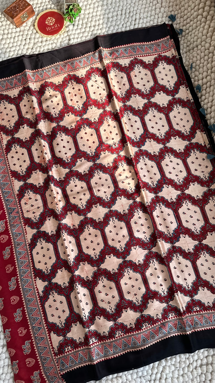 IVORY PANES - AJRAKH HAND BLOCK PRINTED PREMIUM MODAL SILK SAREE