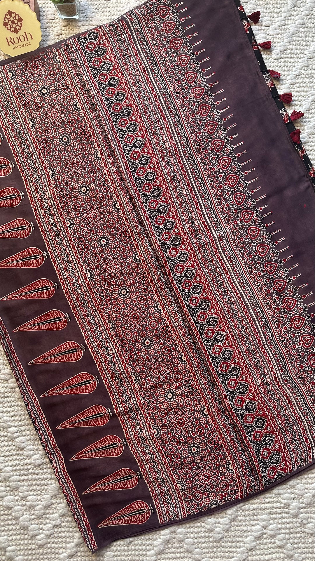LOTUS BLOOMS 01 - SUPER PREMIUM & BUTTERY SOFT AJRAKH HAND BLOCK PRINTED MODAL SILK SAREE