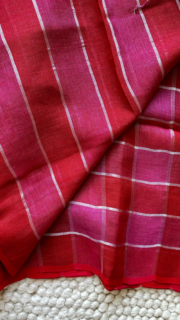 Multi Colour Checked Pure Handwoven Linen Saree - 004