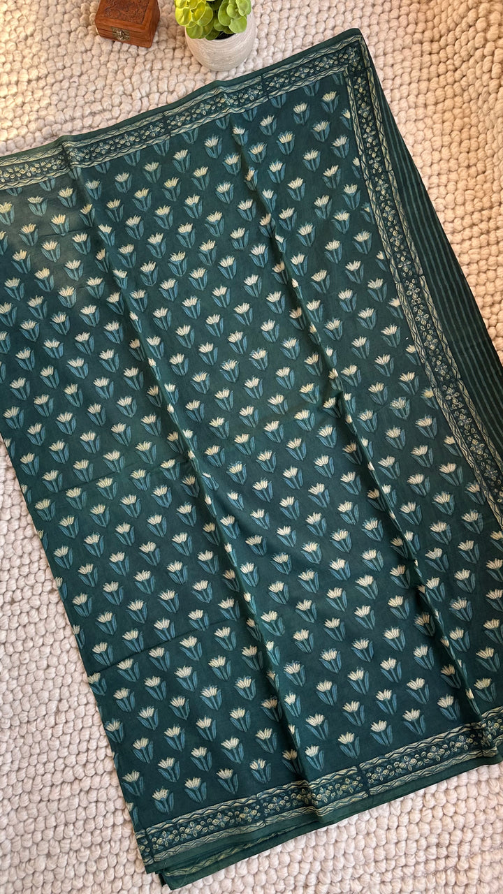 AKOLA INDIGO GREEN HAND BLOCK DABU PRINTED SOFT MULMUL COTTON SAREE- 032