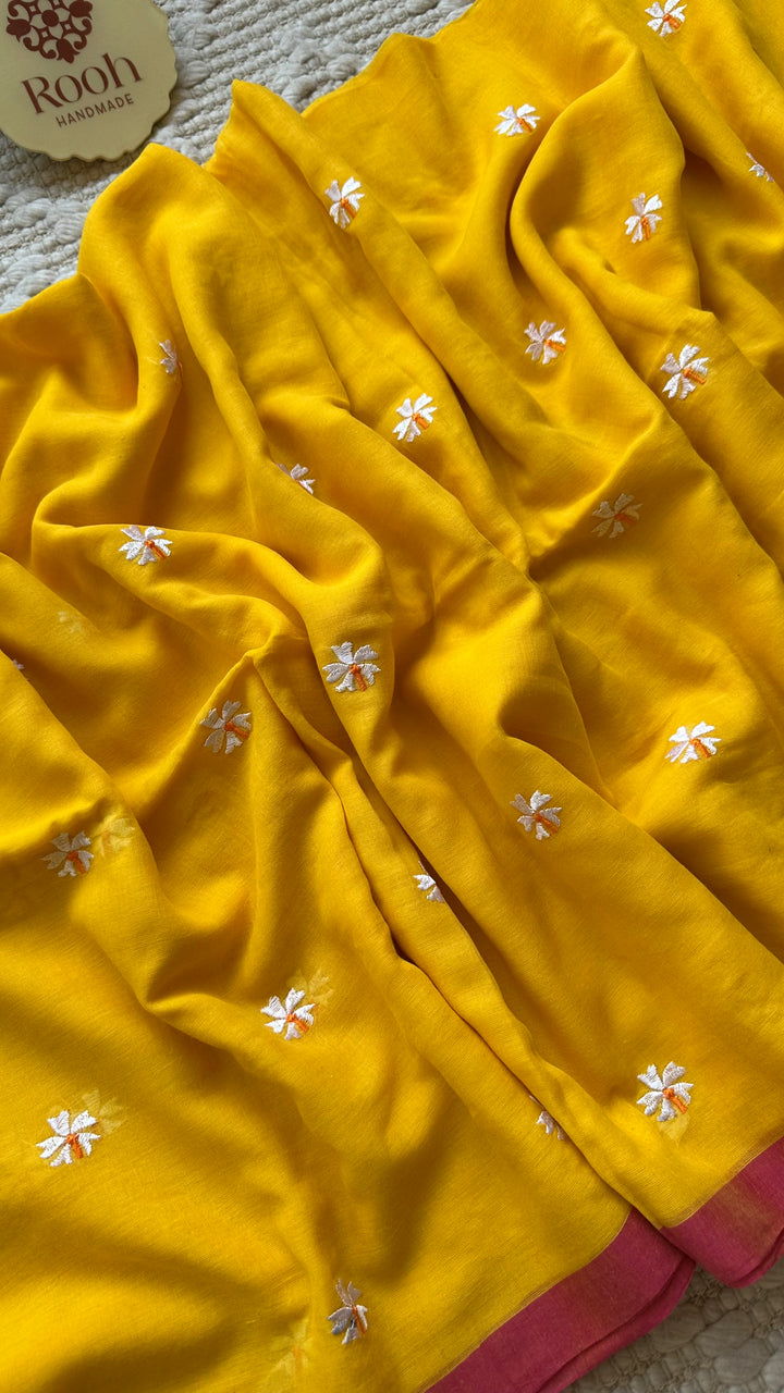 SHIULI - SUNSHINE YELLOW WITH PINK BORDER SUPER SOFT MUL COTTON SAREE (DISPATCH TIME - 7 TO 10 DAYS)
