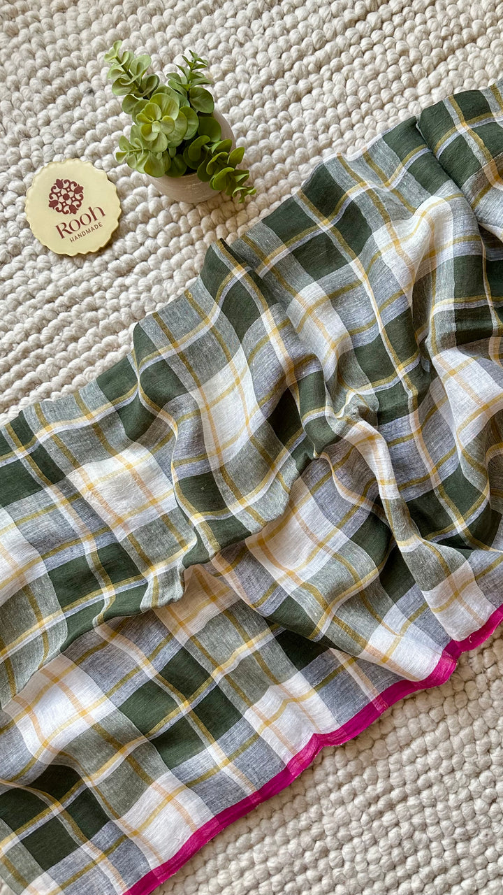 Multi Colour Checked Pure Handwoven Linen Saree - 006