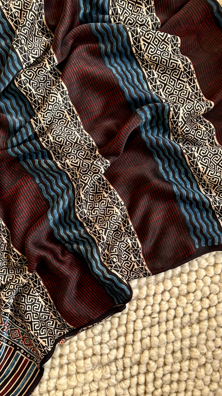 ABSTRACT DREAMS - AJRAKH HAND BLOCK PRINTED PREMIUM MODAL SILK SAREE