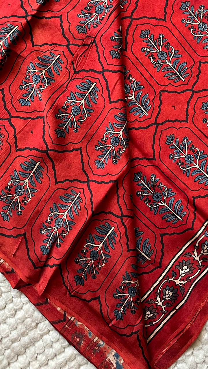 JHAROKHA- MADDER RED AJRAKH HAND BLOCK PRINTED PREMIUM MODAL SILK SAREE