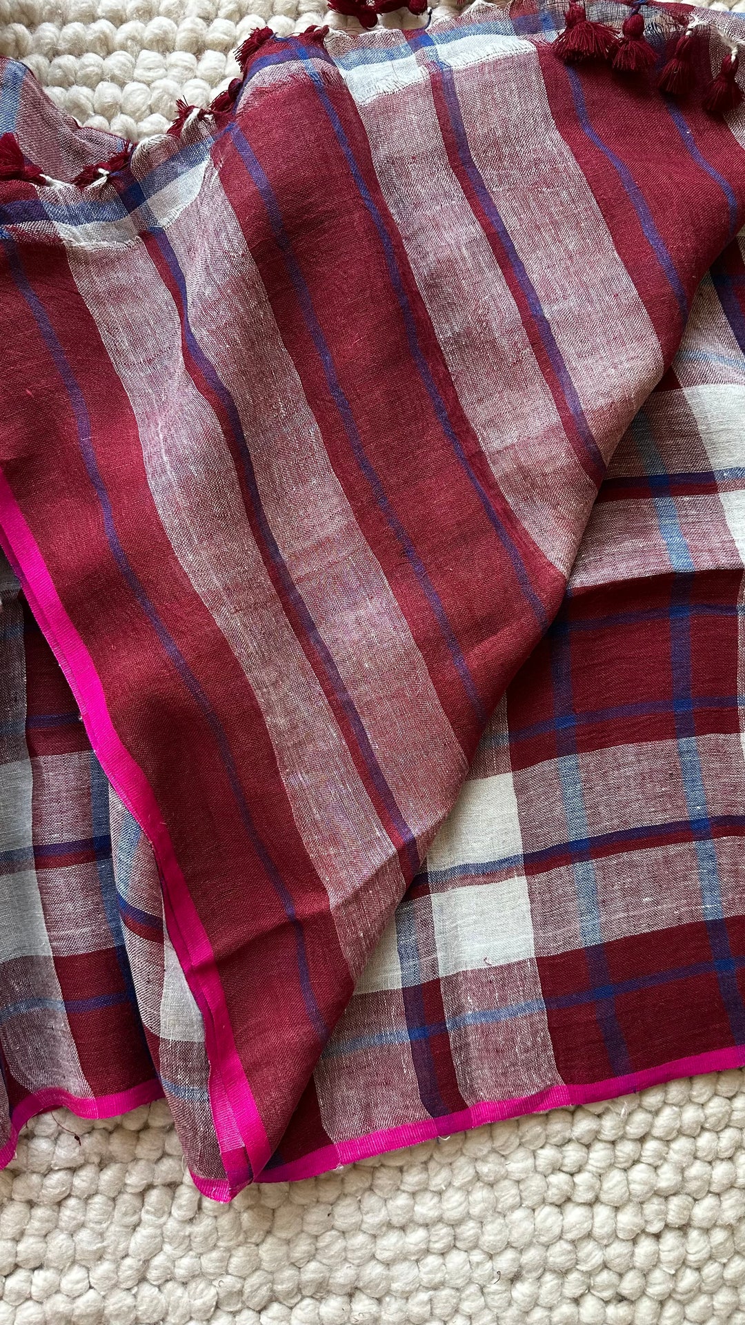 Multi Colour Checked Pure Handwoven Linen Saree - 007
