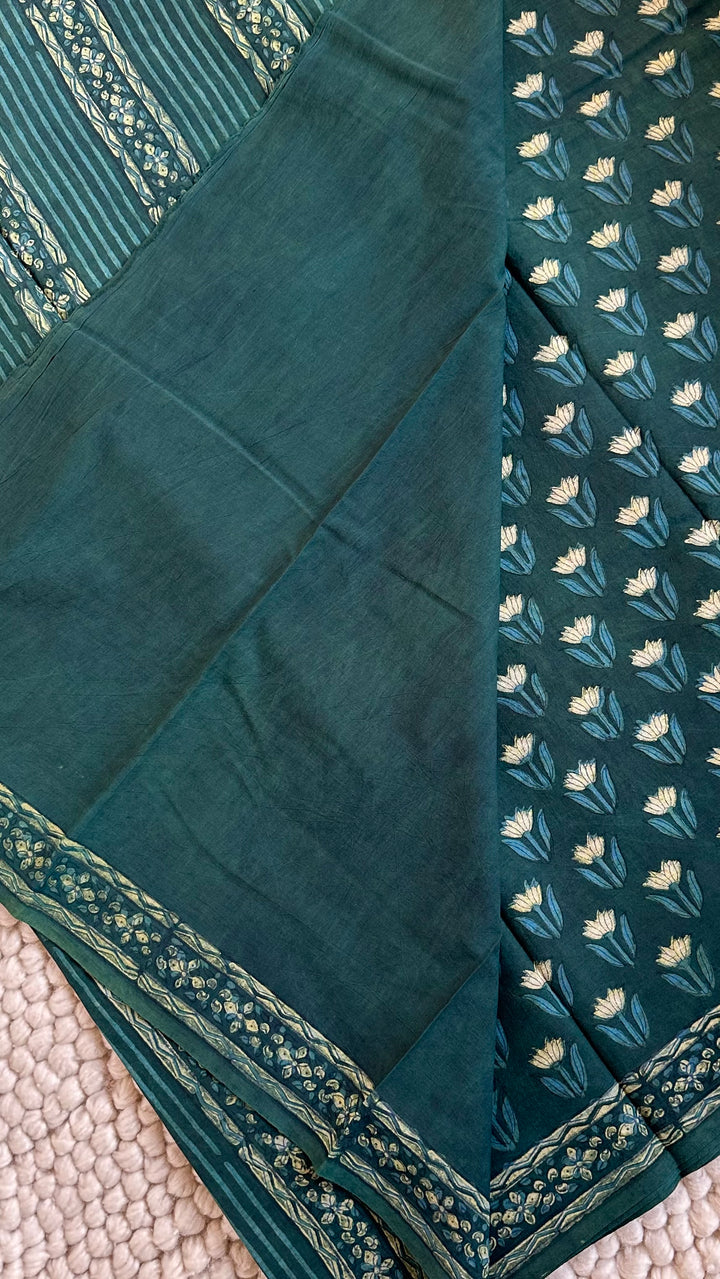 AKOLA INDIGO GREEN HAND BLOCK DABU PRINTED SOFT MULMUL COTTON SAREE- 032