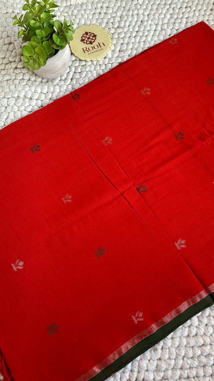 PREMIUM NEEDLE WORK JAMDANI HANDWOVEN AND HANDSPUN COTTON SAREE - RUST ORANGE