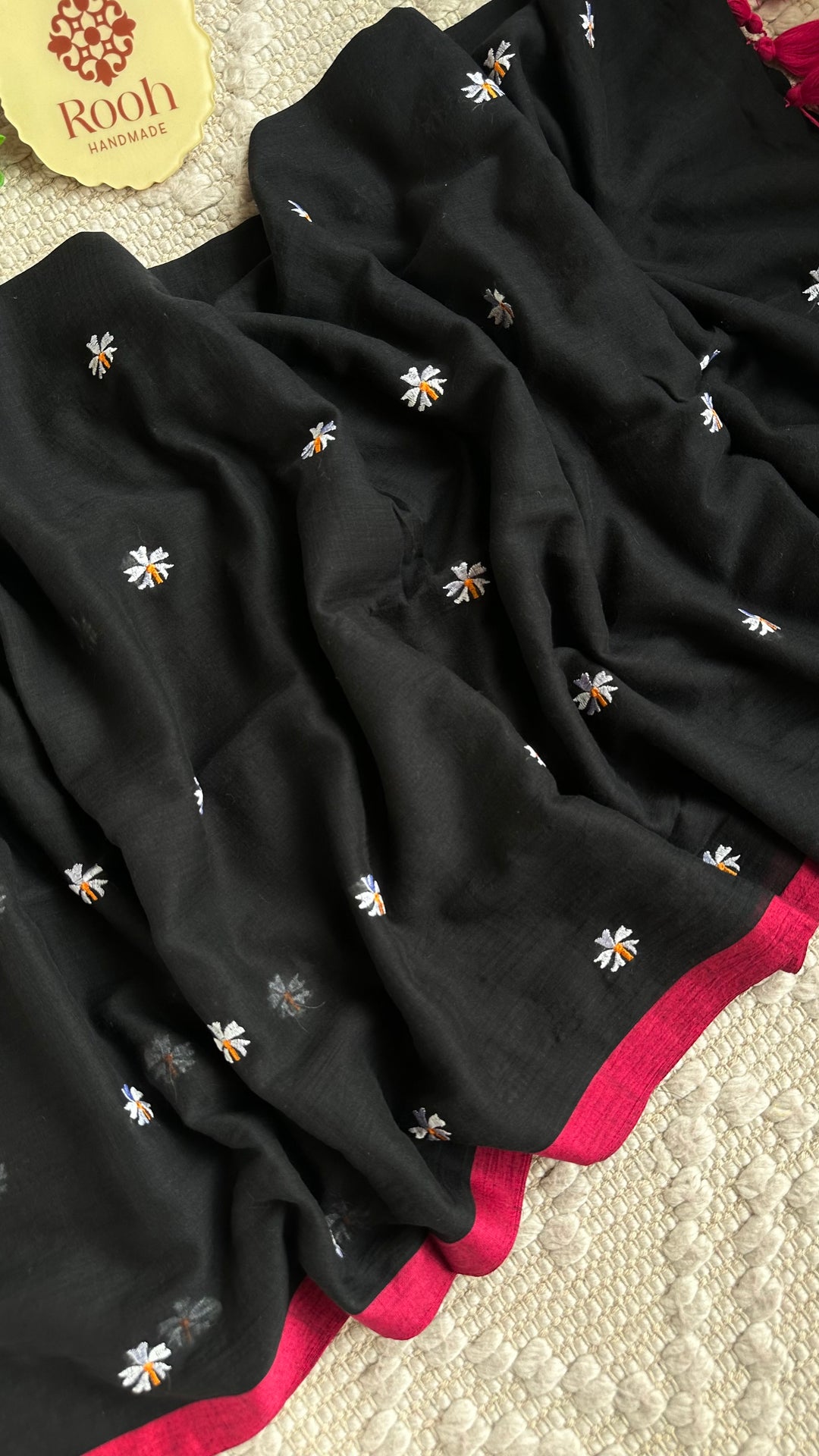 SHIULI - BLACK WITH PINK BORDER SUPER SOFT MUL COTTON SAREE (DISPATCH TIME- 7 TO 10 DAYS)