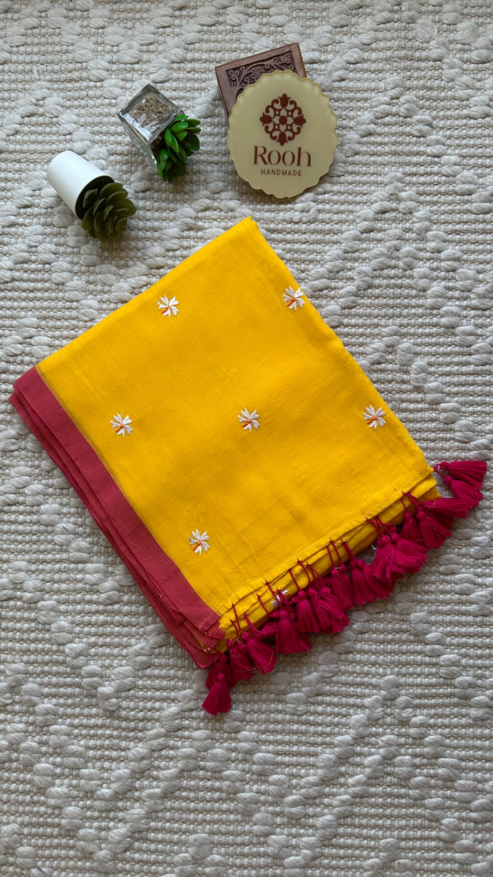 SHIULI - SUNSHINE YELLOW WITH PINK BORDER SUPER SOFT MUL COTTON SAREE (DISPATCH TIME - 7 TO 10 DAYS)
