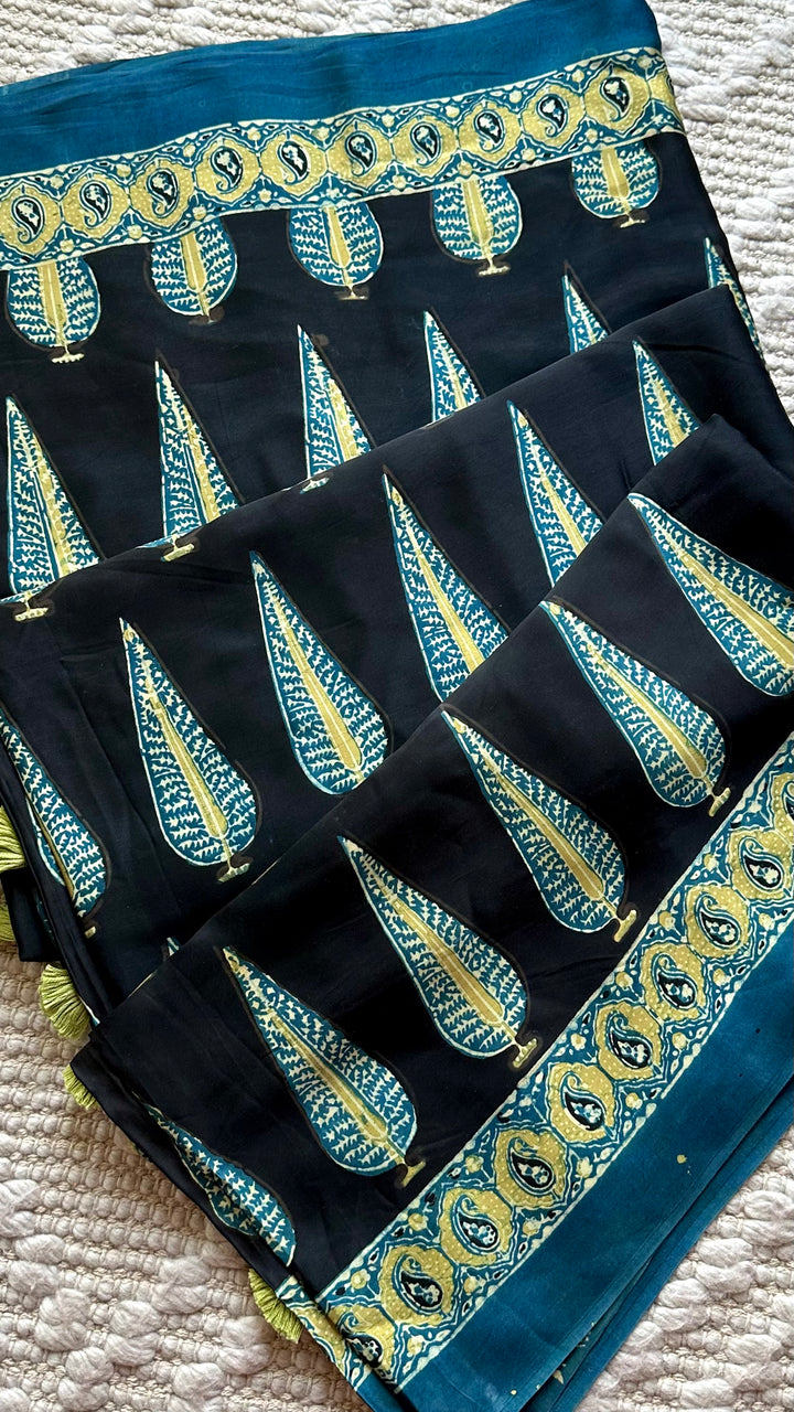 MIDNIGHT PINES - SUPER PREMIUM & BUTTERY SOFT AJRAKH HAND BLOCK PRINTED MODAL SILK SAREE