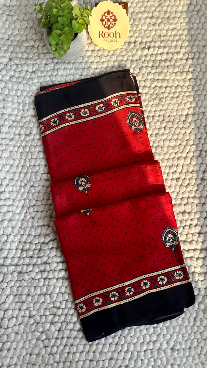 MADDER RED BLOOMS - PREMIUM HALF AND HALF AJRAKH HAND BLOCK PRINTED PREMIUM MODAL SILK SAREE