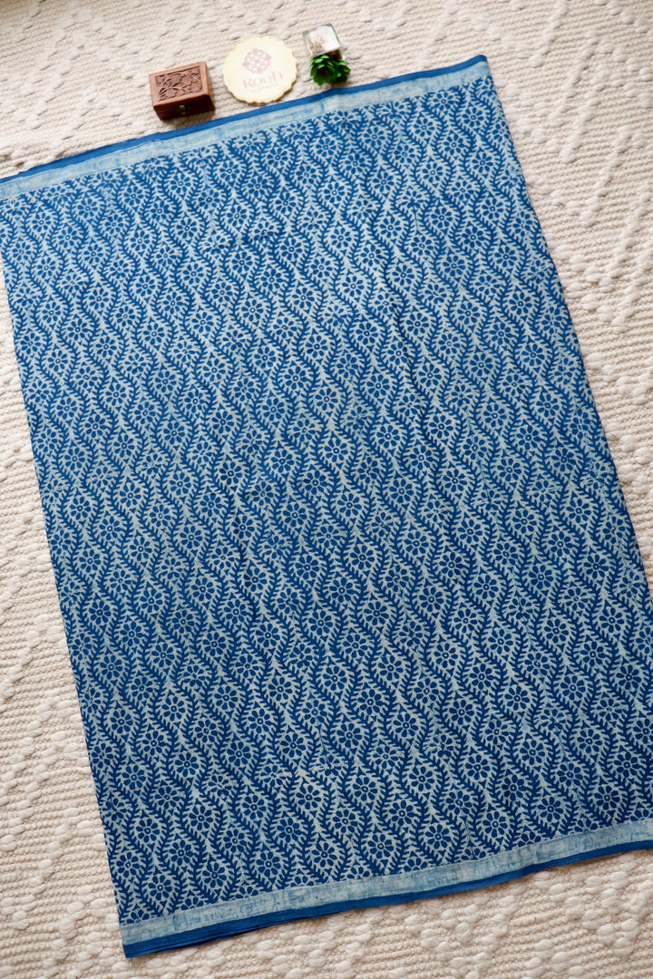 AKOLA INDIGO HAND BLOCK DABU PRINTED SOFT MULMUL COTTON SAREE- 024