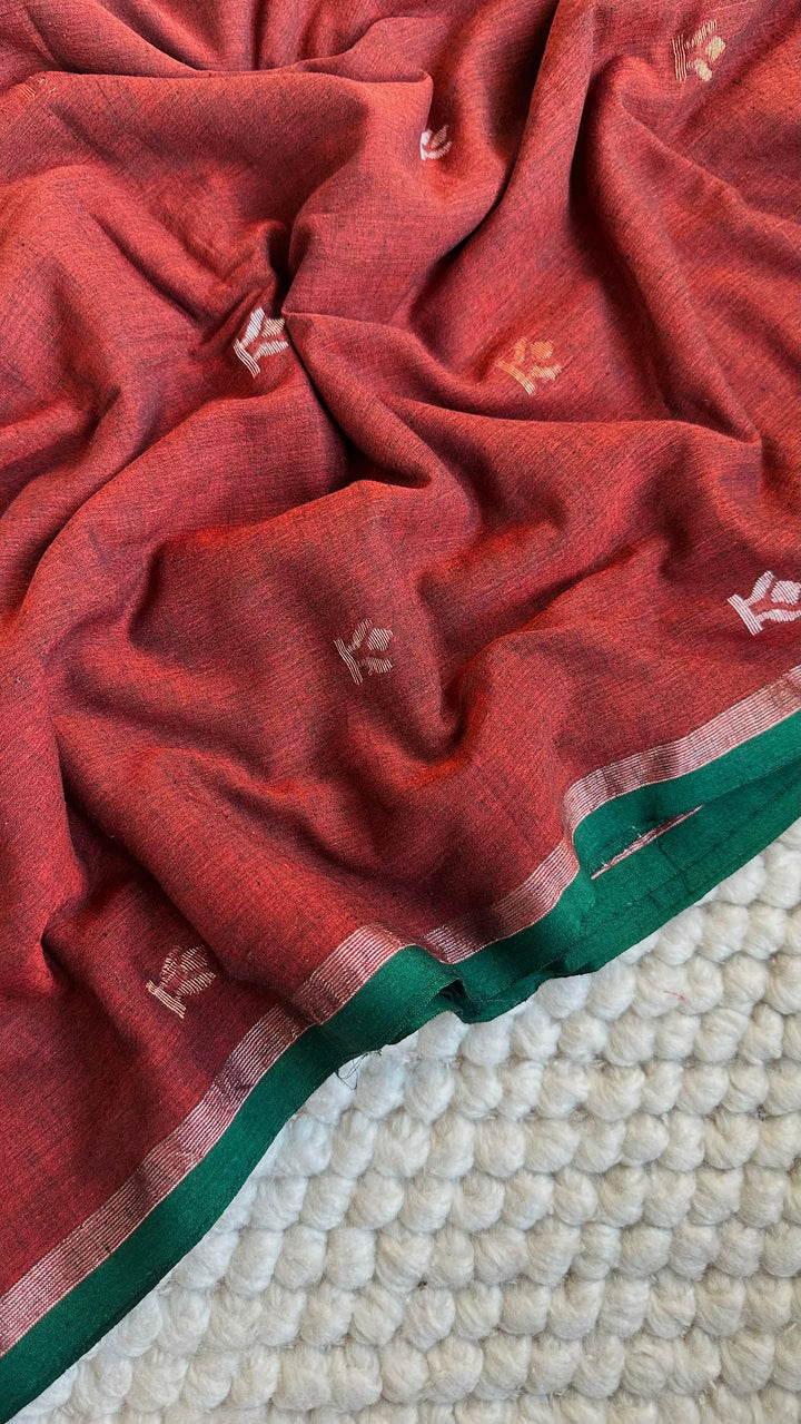 PREMIUM NEEDLE WORK JAMDANI HANDWOVEN AND HANDSPUN COTTON SAREE - RUST BROWN