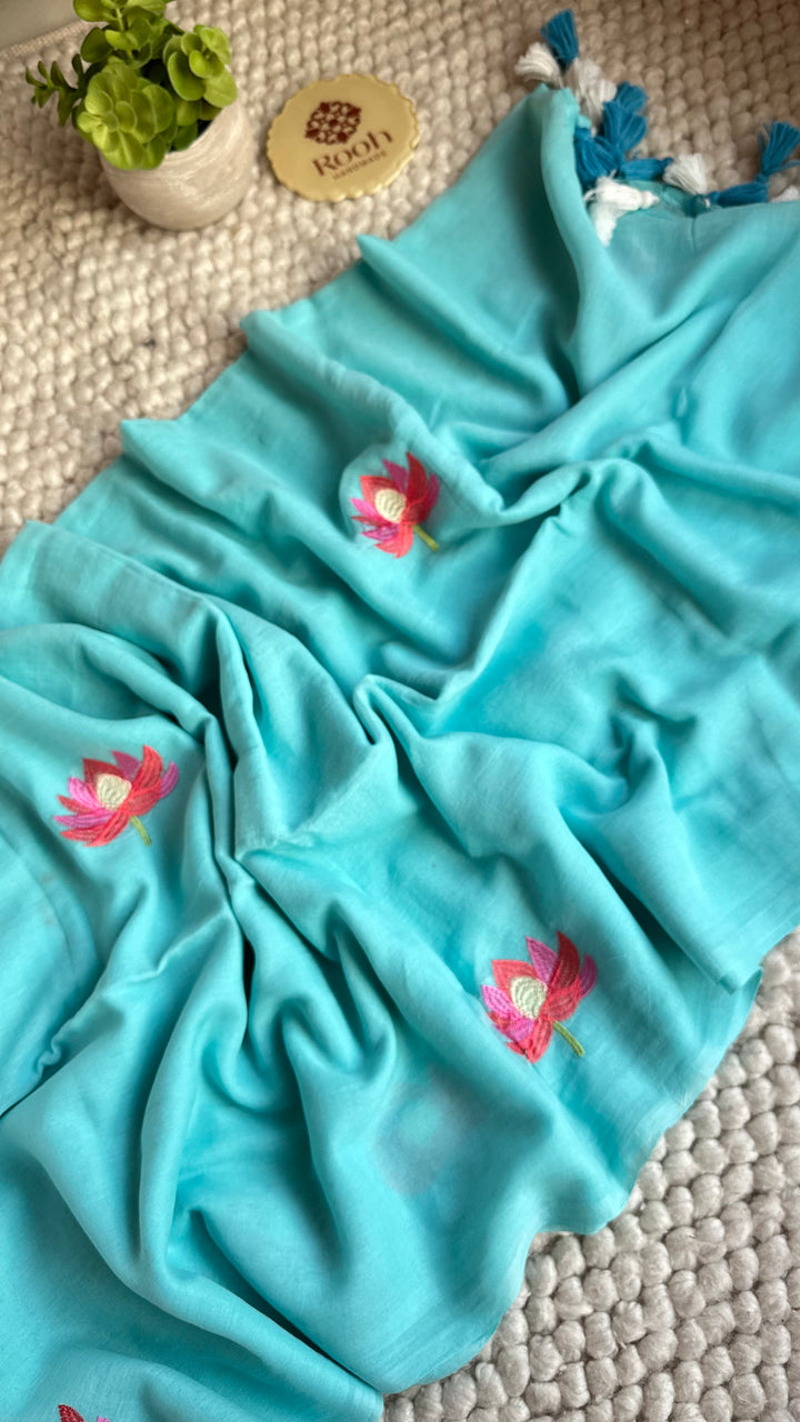 SKY BLUE - LOTUS EMBROIDERED PURE SUPER SOFT MULMUL COTTON SAREE