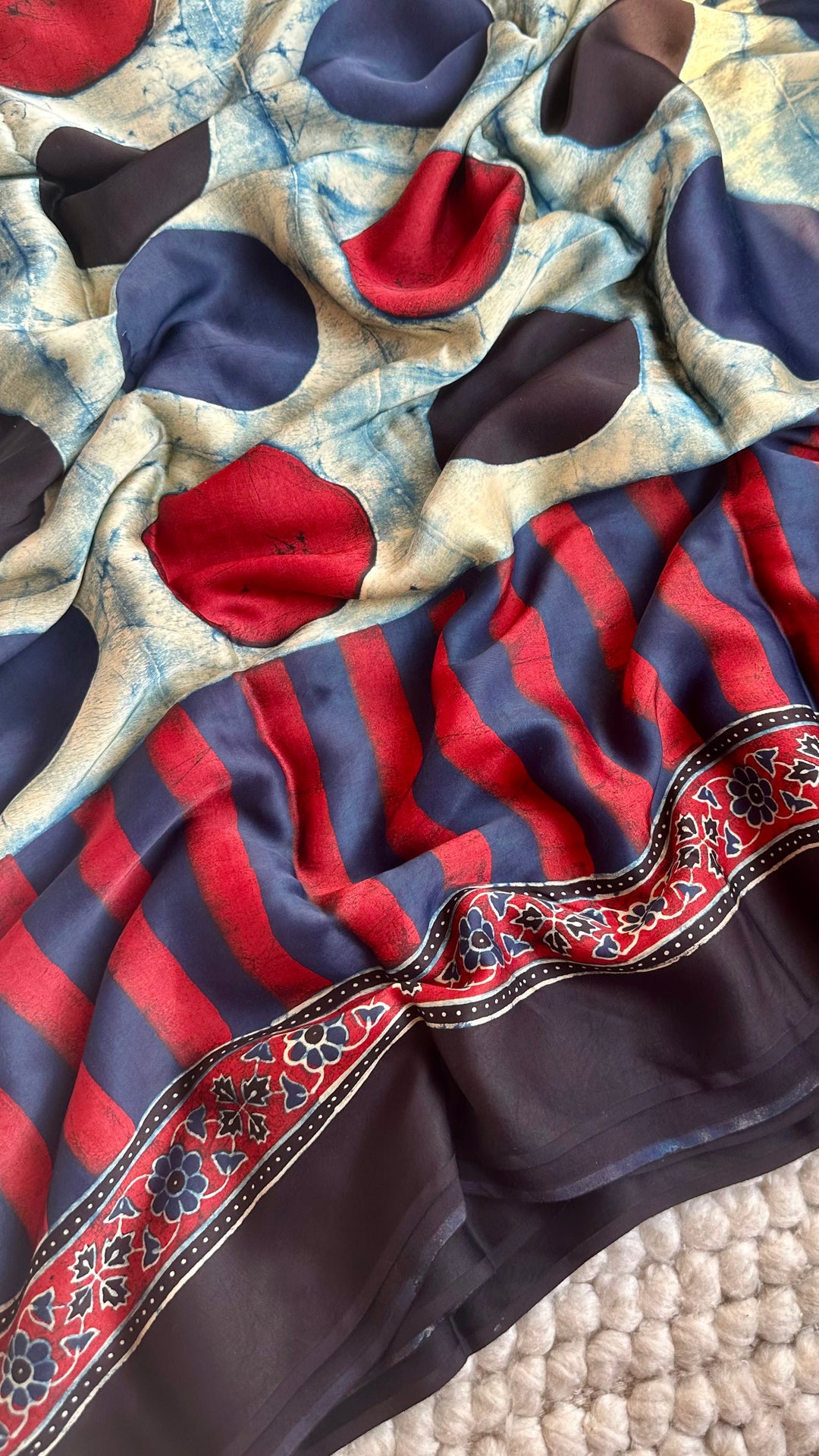 ABSTRACT DOTS & LINES - PREMIUM HALF AND HALF AJRAKH HAND BLOCK PRINTED PREMIUM MODAL SILK SAREE