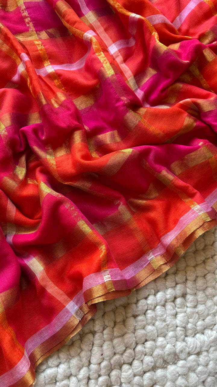 HANDWOVEN MULTICOLOUR ZARI CHECKS PURE MULMUL COTTON SAREE - 010