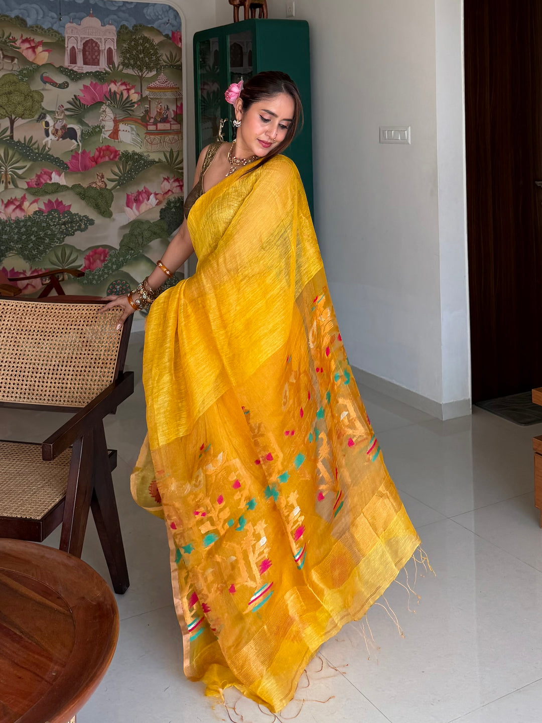 SUPER PREMIUM HANDWOVEN JAYASHREE LINEN BY TISSUE SILK NEEDLE-WORK JAMDANI SAREE - MUSTARD YELLOW