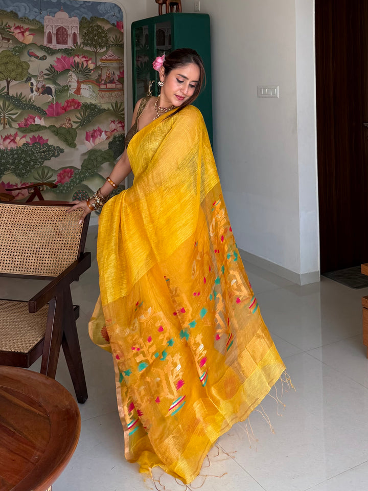 SUPER PREMIUM HANDWOVEN JAYASHREE LINEN BY TISSUE SILK NEEDLE-WORK JAMDANI SAREE - MUSTARD YELLOW