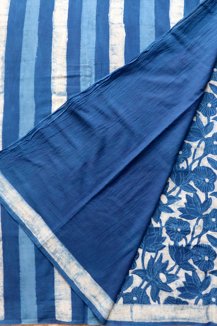 AKOLA INDIGO HAND BLOCK DABU PRINTED SOFT MULMUL COTTON SAREE- 002